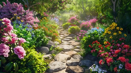 A peaceful garden with a variety of colorful flowers and a stone pathway.