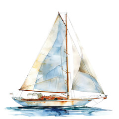 Watercolor painting of a classic sailboat sailing on calm blue waters, capturing the essence of nautical adventure and maritime charm. © JR-50