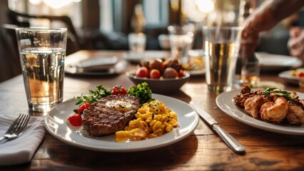 a plate of food on a table with a glass of water