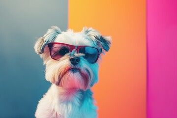 Small white dog wears red sunglasses on colorful studio background. Canine model looks directly at camera with friendly gaze. Vibrant gradient of pink to orange hues creates dynamic atmosphere.
