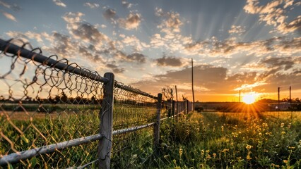 Obraz premium the sun is setting behind a fence in a field