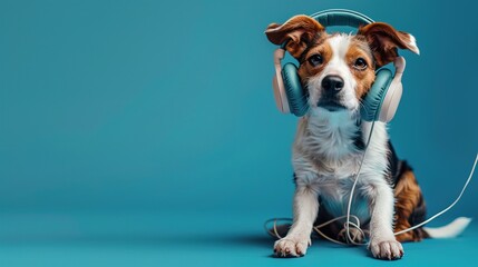 Cute dog listening to music with headphones on, enjoying it very much, with copy space, 3d real photo 
