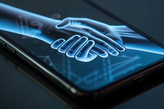 A close-up of a smartphone screen showcasing a friendly handshake emerging from the display, symbolizing readily available and personalized customer service