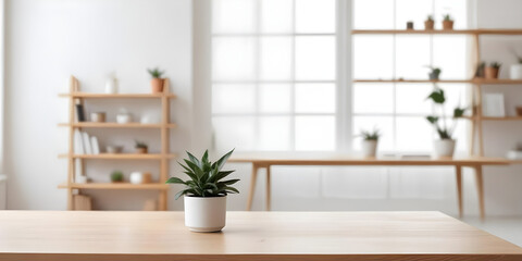 Modern home with empty desk, lamp, light and window. lofty, soft lighting.	
