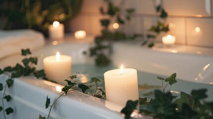 Close up shot of candles and ivy decorating for jacuzzi bath with copy space