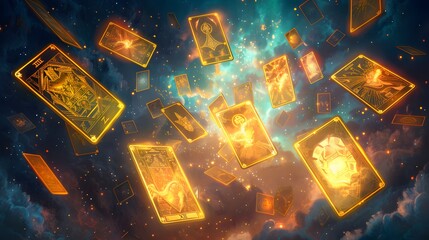 Enchanting Tarot Cards Floating in a Mystical Cosmic Space with Glowing Elements