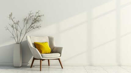 Minimalist property interiors composition with minimal furniture, ample copy space and neutral tones. Residential interiors design for Real Estate luxury apartment.