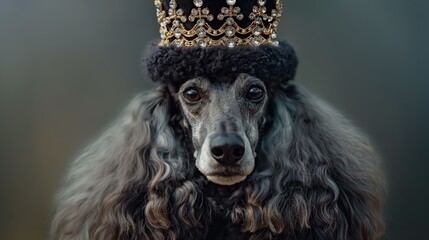 black poodle dog with elegant golden crown