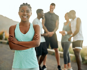 Runner, portrait and woman with arms crossed in road for fitness, endurance training or marathon...