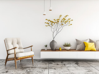 Minimalist property interiors composition with minimal furniture, ample copy space and neutral tones. Residential interiors design for Real Estate luxury apartment.