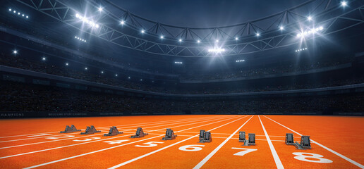 Modern athletics stadium at night and tartan running track ready for the sprint. Sports background as 3D illustration in horizontal format for advertising.