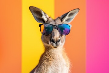 Kangaroo wearing sunglasses on colorful studio background. Fashionable marsupial with purple shirt, black shades posing directly at camera. Vibrant gradient colors transitioning from yellow to pink.