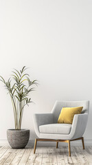 Minimalist property interiors composition with minimal furniture, ample copy space and neutral tones. Residential interiors design for Real Estate luxury apartment.