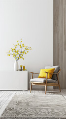 Minimalist property interiors composition with minimal furniture, ample copy space and neutral tones. Residential interiors design for Real Estate luxury apartment.
