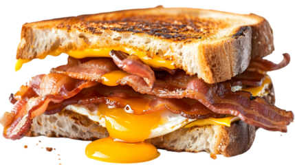  A bacon, egg, and cheese breakfast sandwich perfectly toasted, showcasing golden yolk oozing over crispy bacon and melted cheese, isolated on a transparent background 