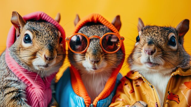 Creative animal concept. squirrel in a group, vibrant bright fashionable outfits isolated on solid background advertisement, copy text space