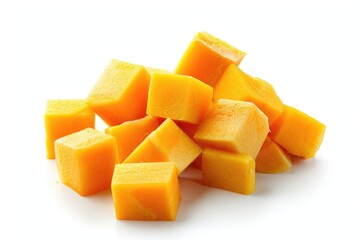 A stack of cubes made from various types of cheese placed on a clean white surface