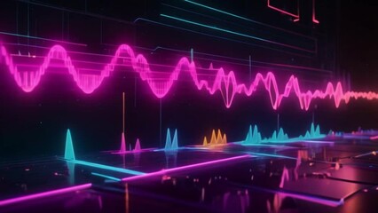 Audio spectrum voice neon sign concept radio sound wave and disco music record volume signal flight between text futuristic space abstract 3d rendering red pink blue color animation animation