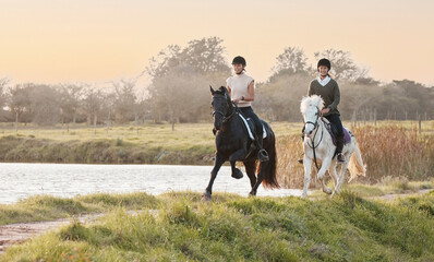 Friends, women and horses in farm for riding, freedom and recreation for adventure with pets....