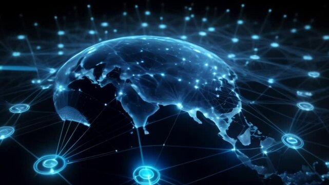 Connected global network. Internet of things telecommunication concept in city, blue color, black background animation full hd 4k video download