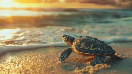 A sea turtle crawling back to the ocean after nesting.