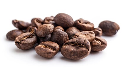Raw coffee beans texture in close up view on white background for wallpaper and design element