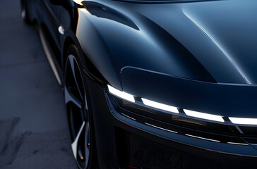 Black Electric Car Headlight Detail During Dusk