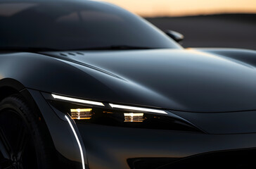 Black Electric Car Headlight Detail During Dusk