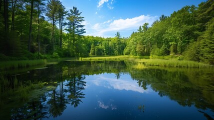Obraz premium A serene forest pond reflecting a cloudless blue sky and the lush greenery of towering trees, undisturbed by any ripple or wave.