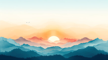 Fototapeta premium minimalist landscape flat design, front view, serene theme, watercolor, Complementary Color Scheme