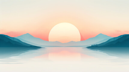 minimalist landscape flat design, front view, serene theme, watercolor, Complementary Color Scheme