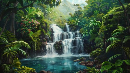 A lush green jungle with a waterfall and a river