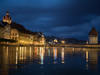 Luzern lights reflected in Reuss River at night