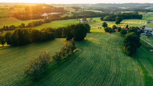 Top view aerial photo of settlements and fields