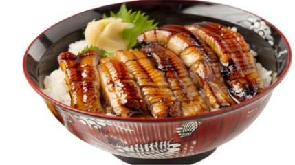  A beautifully arranged bowl of unagi donburi next to two unagi nigiri, all presented in stunning clarity and on a transparent backgroundsurface