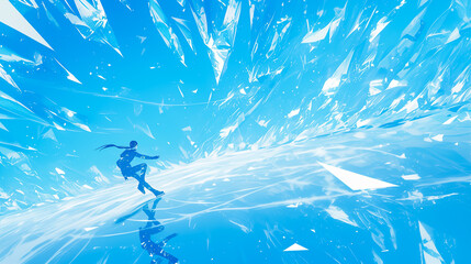 Woman Figure Ice Skating on a Frozen Lake Leaving Elegant Patterns with Shattered Ice Reflections