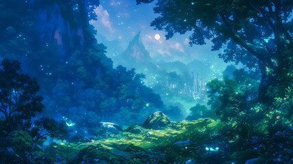 Fototapeta premium A Tranquil Twilight in a Magical Forest with Fireflies and a Distant Illuminated City