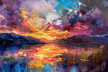 Fototapeta premium Vibrant Sunset Oil Painting with Gold Foil Accents for Summer Decor