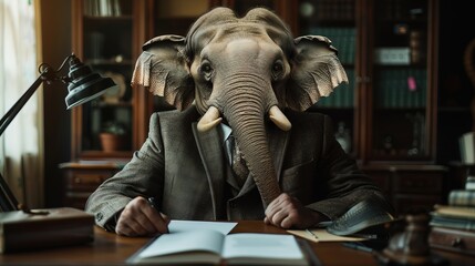 Elephant boss in a suit with a tie sits at his desk, office work, finance, office employee, businessman humor 