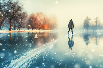 Obraz premium Peaceful Winter Evening Ice Skating with a Man Amidst Snowfall and Lights in a Scenic Park