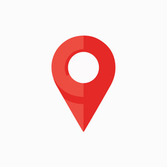 A red location pin icon. The pin is designed with a rounded top, resembling a location marker, and a pointed bottom, indicating direction. It is set against a white background, making the red color