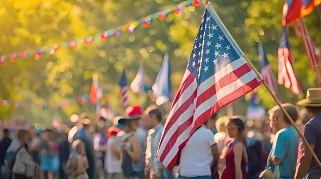 American flag being waved by a group of people at a Fourth of July parade, American Flag, Patriotism, Flying, celebrations, Independence day, 4th july, with copy space 