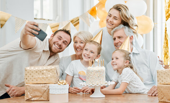 Selfie, love and family to celebrate birthday in home, social media post and camera app for picture. People, generations and proud of milestone, photography and capture memory of presents and cake
