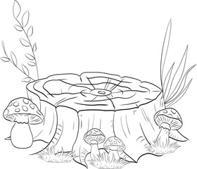 Tree stump surrounded by mushrooms and foliage. Art & Illustration