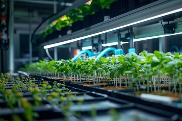 Agriculture research lab with advanced equipment, side view, showcasing scientific progress, futuristic tone, Analogous Color Scheme