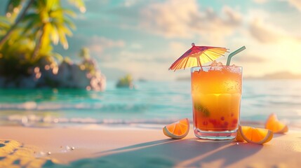 Obraz premium A tropical drink with a tiny umbrella, set against a beach backdrop.