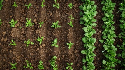 Aerial view young green seedlings and mature spinach growing in neatly arranged rows in fertile, well-prepared garden soil.