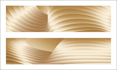 Wavy golden parallel gradient lines, ribbons, silk. Golden with shades of yellow background, banner, poster. Set of 2 backgrounds. Eps vector