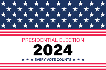 USA 2024 Presidential Election background with American flag colors design. Election event banner, card, poster, template, voting communication, background. Vote day, November 5. Vector illustration.