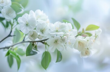 Fototapeta premium Blurred Tree Branch with White Flowers against Blurred Light Background